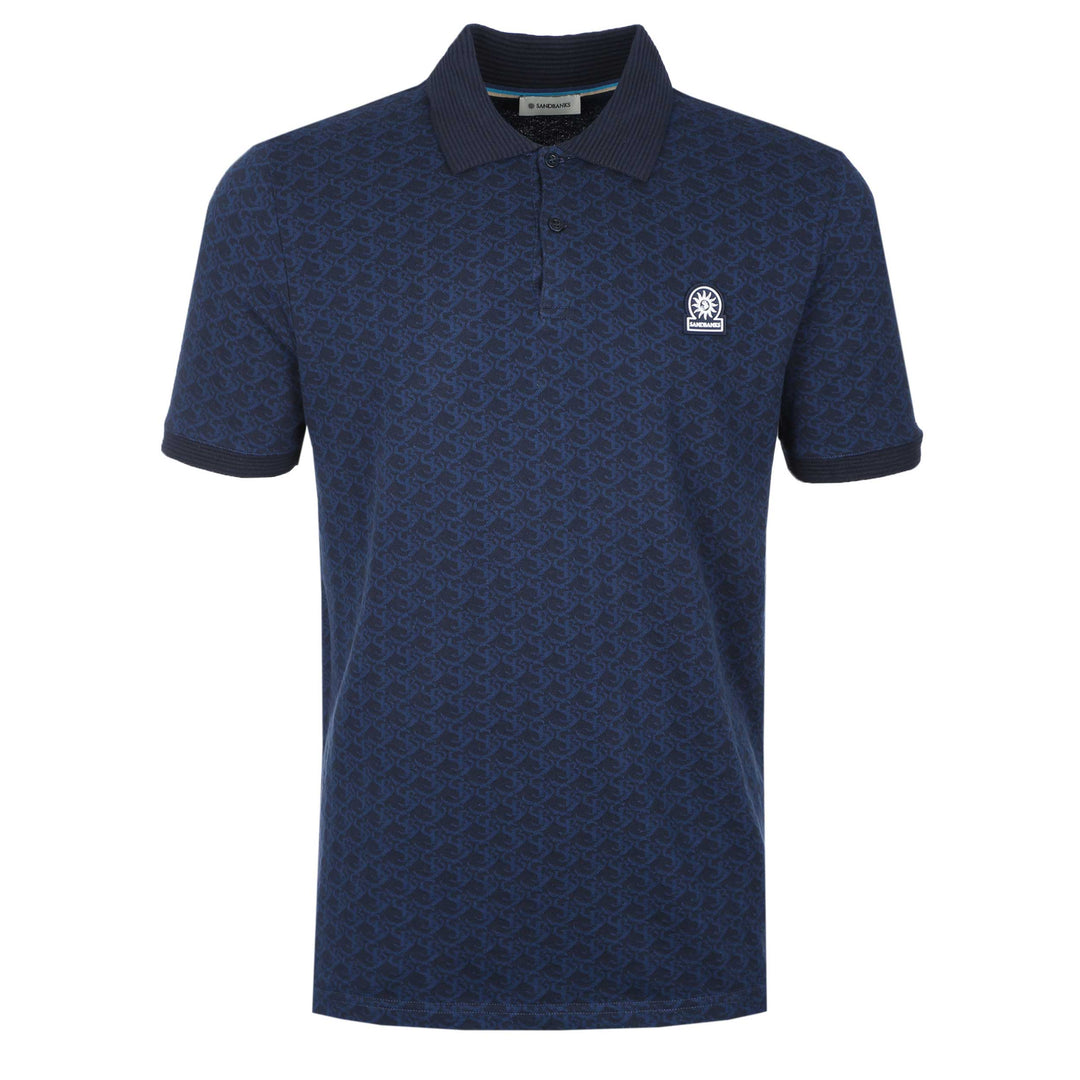 Sandbanks Jacquard Monogram Knitted Polo Shirt in Navy | Sandbanks