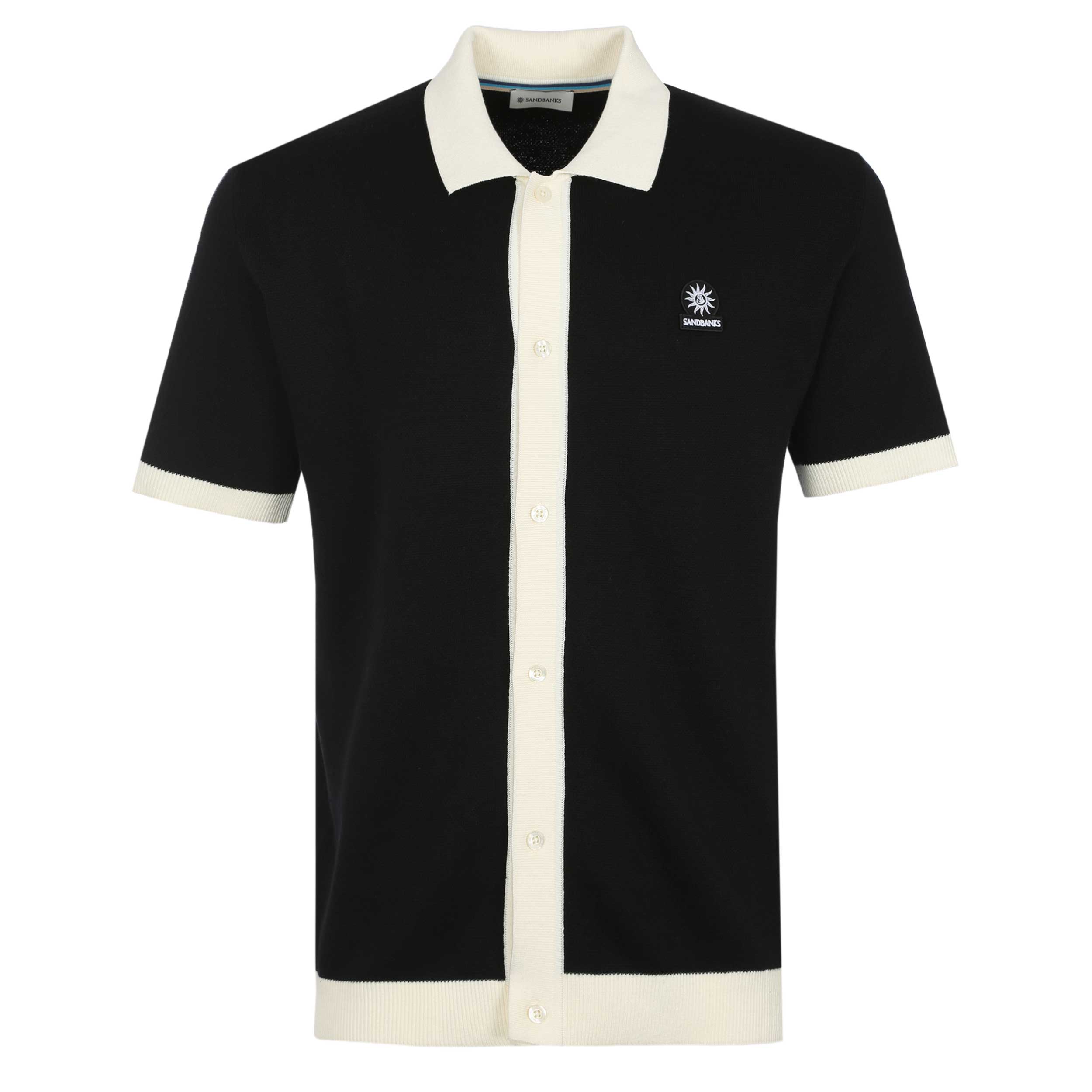 Sandbanks Knitted Full Button Polo Shirt in Black