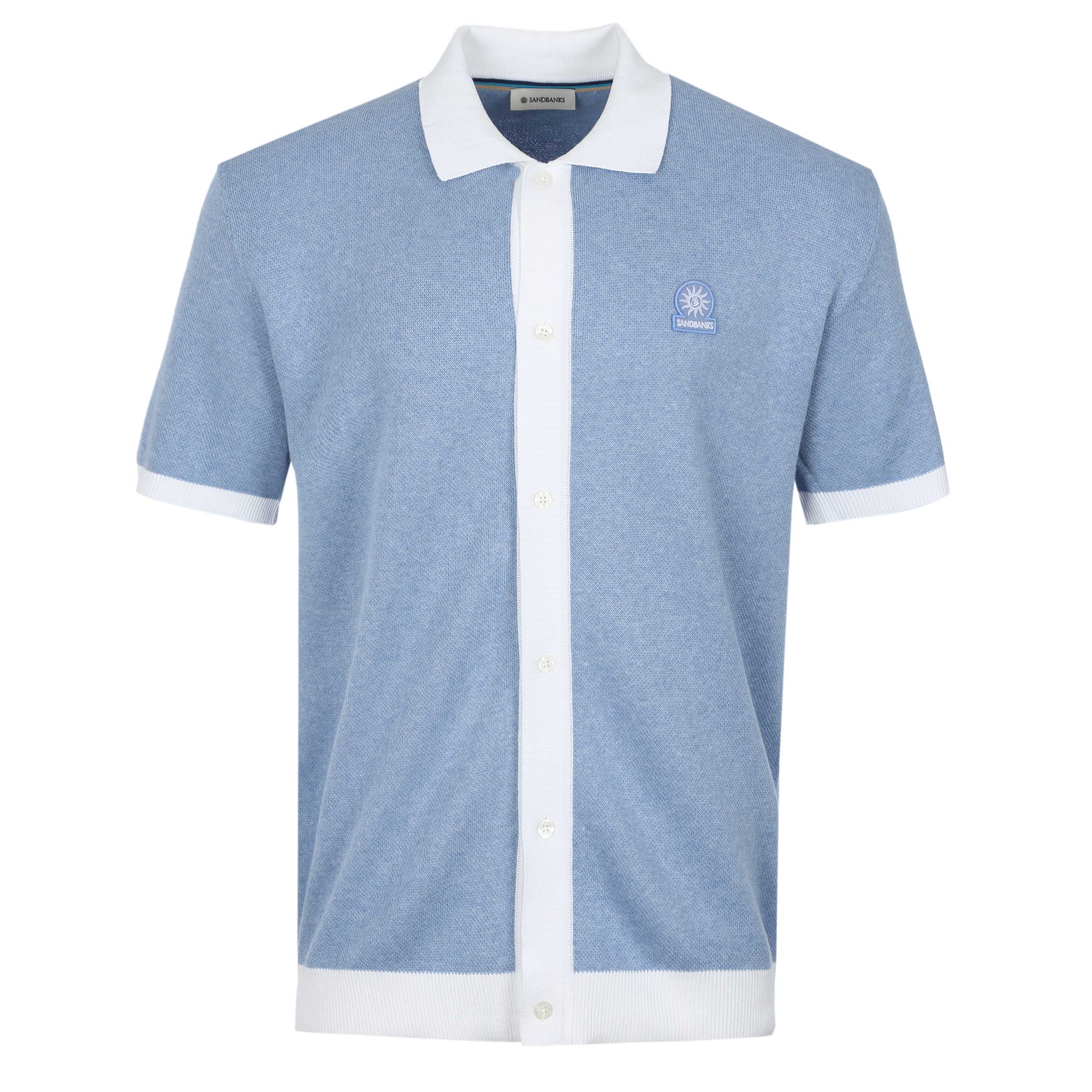 Sandbanks Knitted Full Button Polo Shirt in Dusty Blue