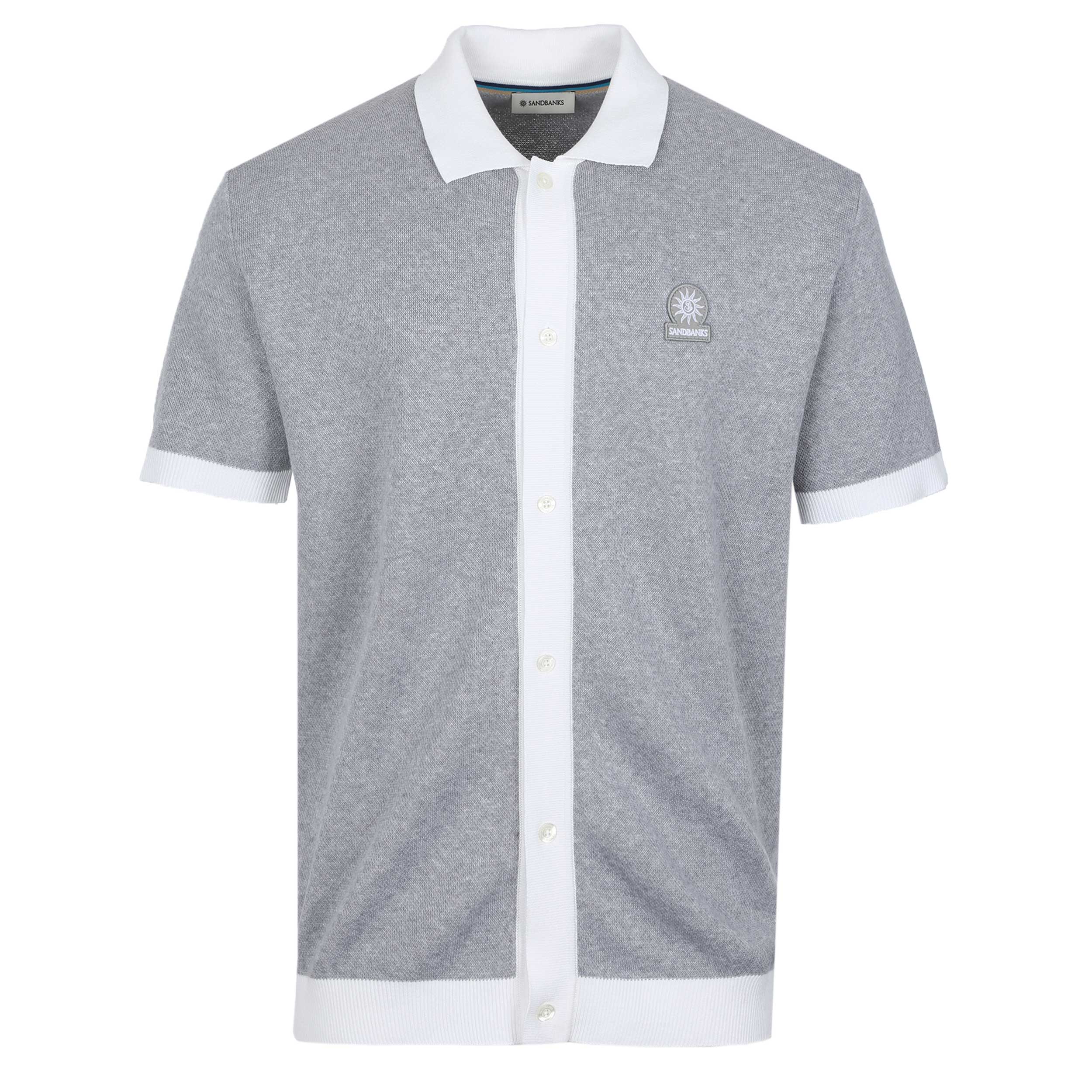 Sandbanks Knitted Full Button Polo Shirt in Grey Marl