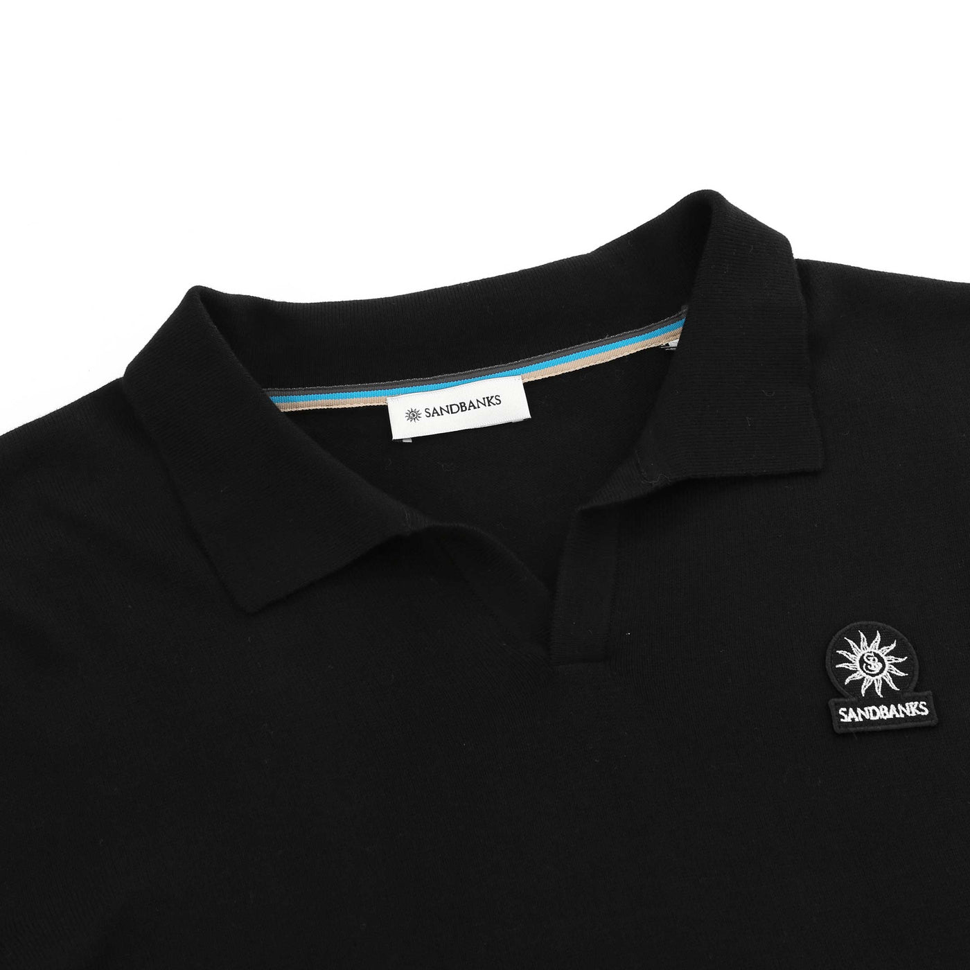 Sandbanks Knitted Open Collar Polo Shirt in Black Placket