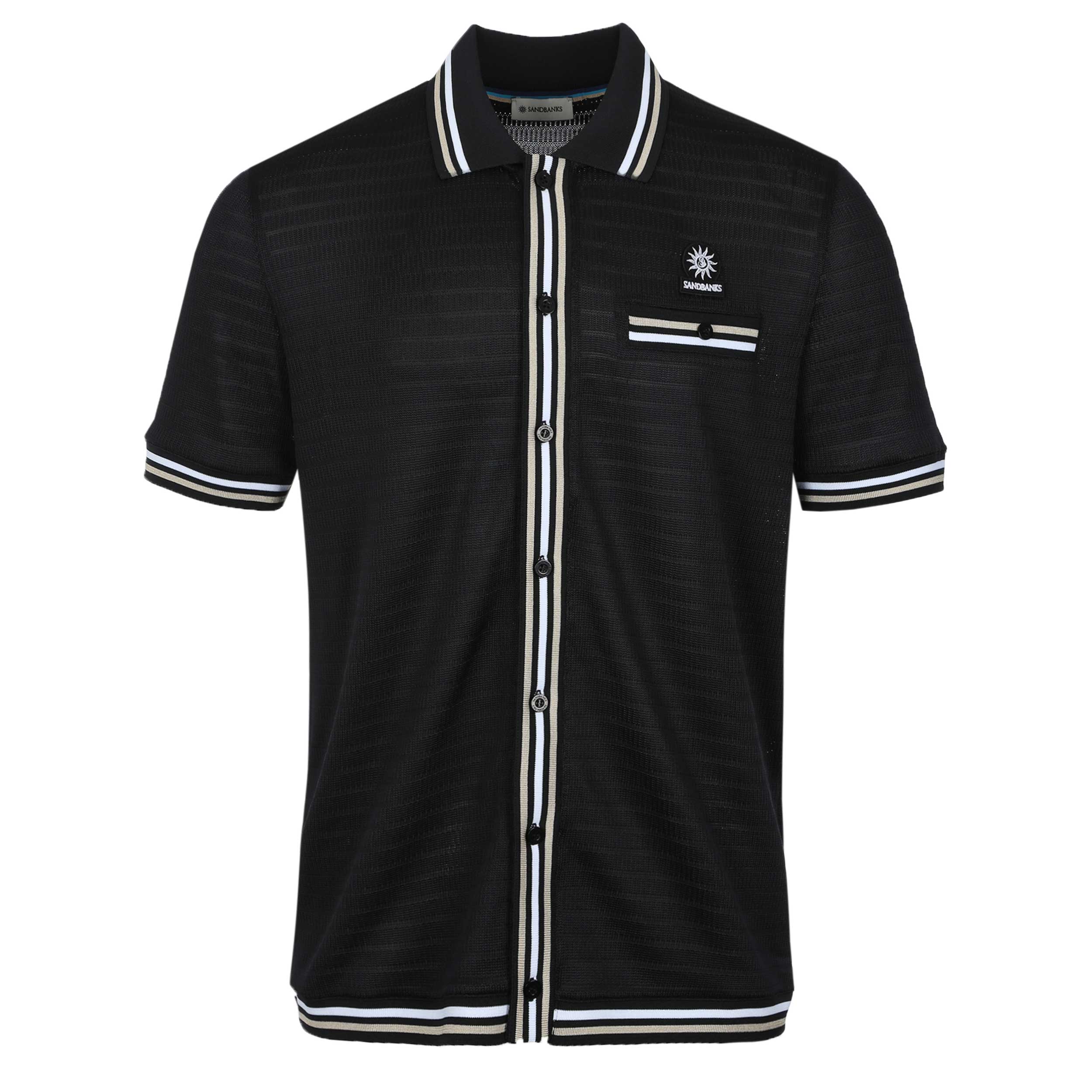 Sandbanks Texture Button Through Polo Shirt in Black
