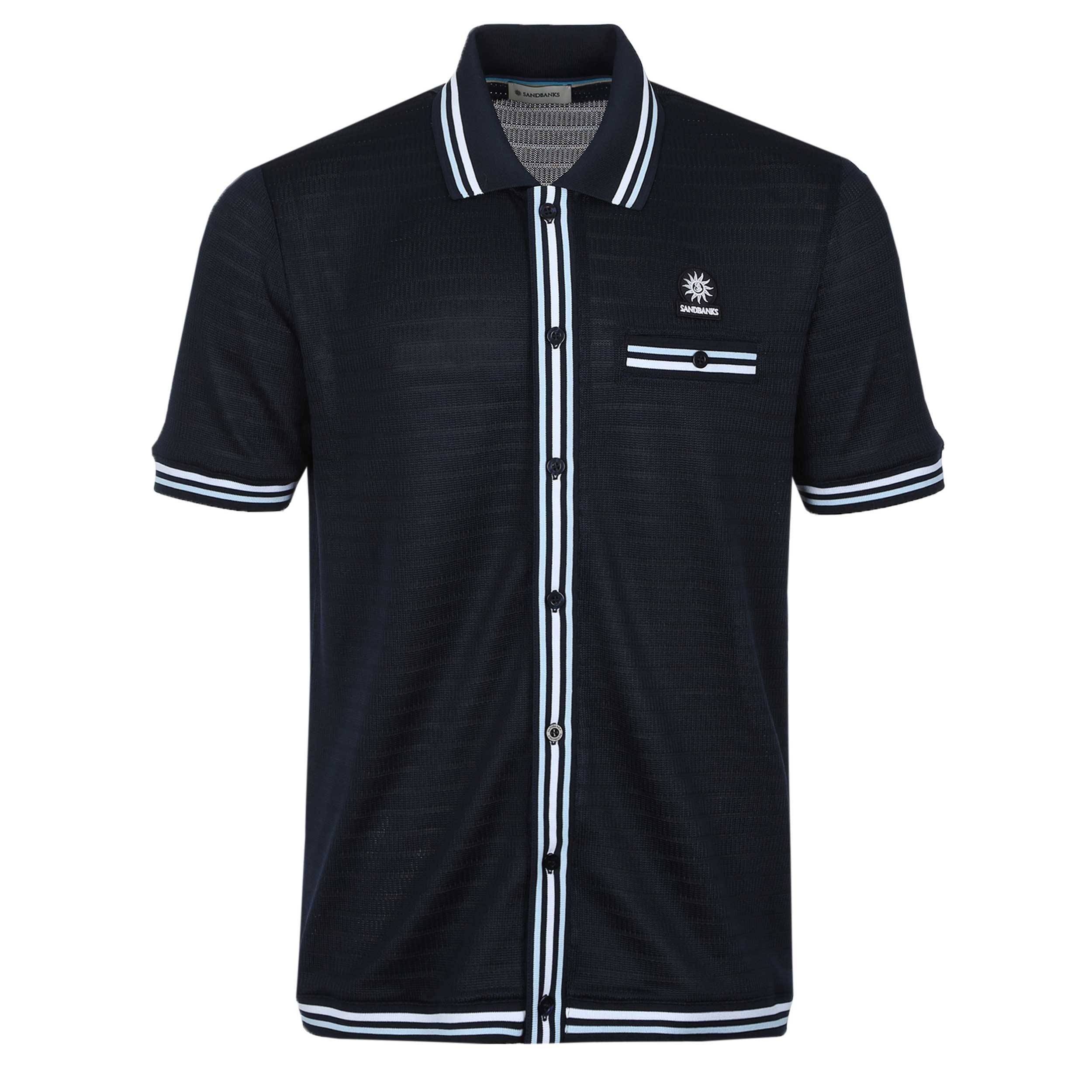 Sandbanks Texture Button Through Polo Shirt in Navy