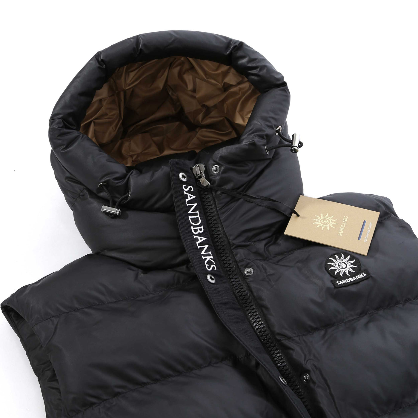 Sandbanks Shell Bay Hooded Long Gilet in Black Hood