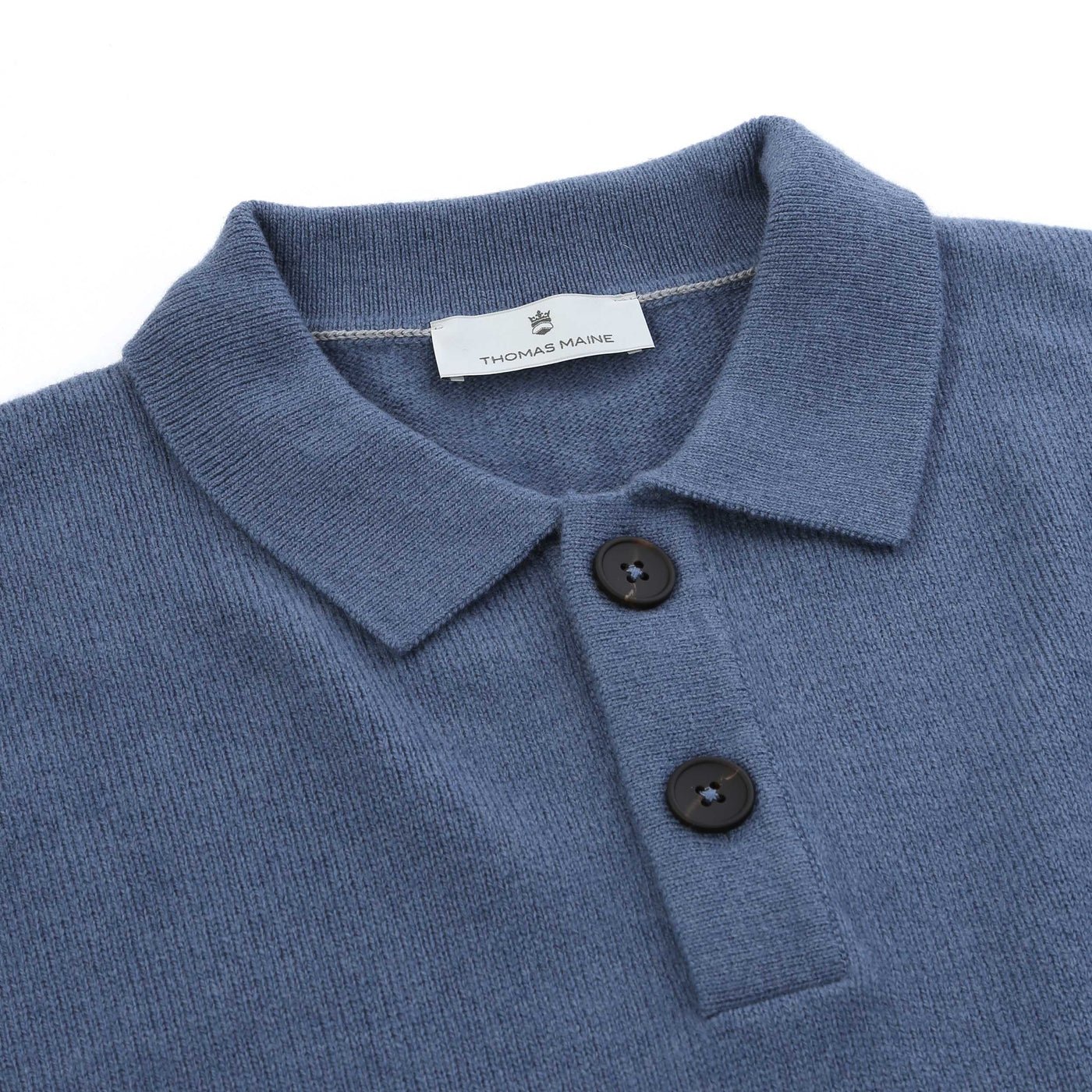 Thomas Maine 2 Button Lambs Wool Knit Polo in Blue Placket