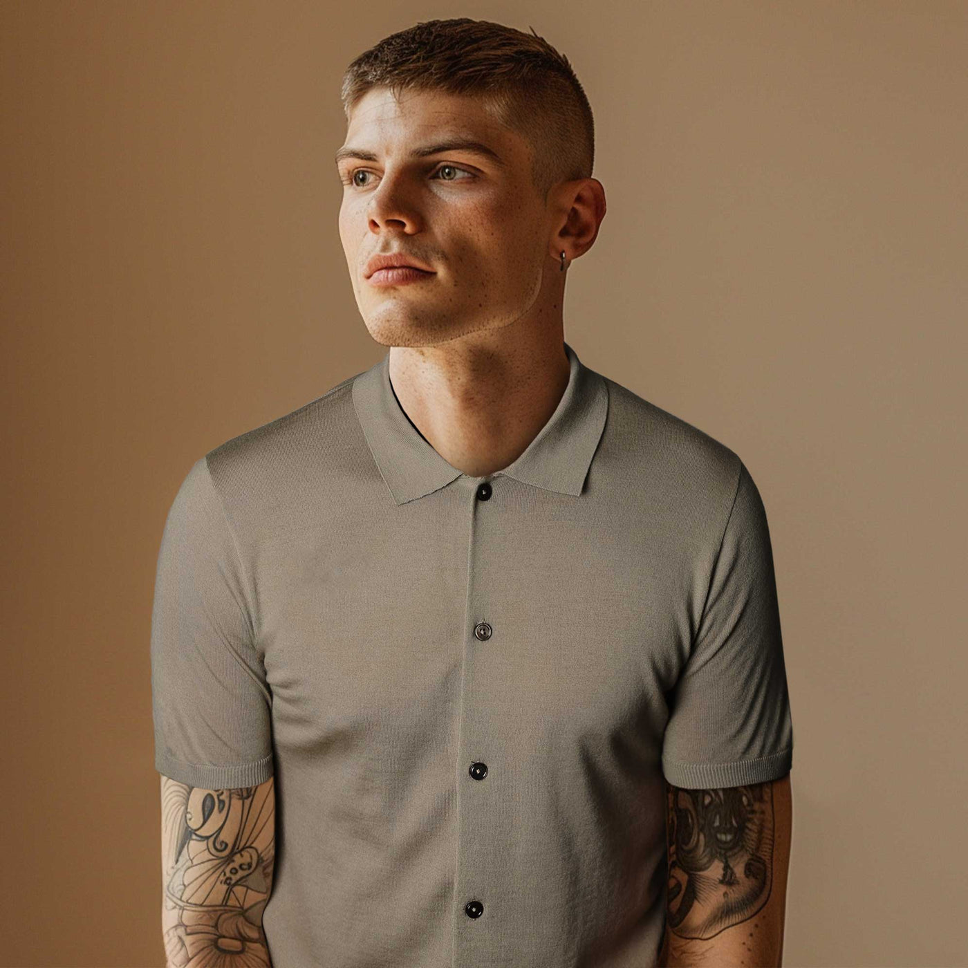Thomas Maine Button Thru Knitted Polo in Beige Model