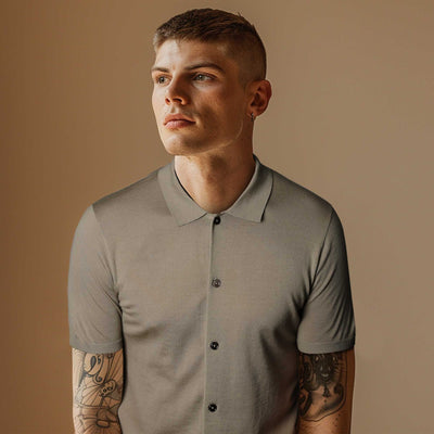 Thomas Maine Button Thru Knitted Polo in Beige Model