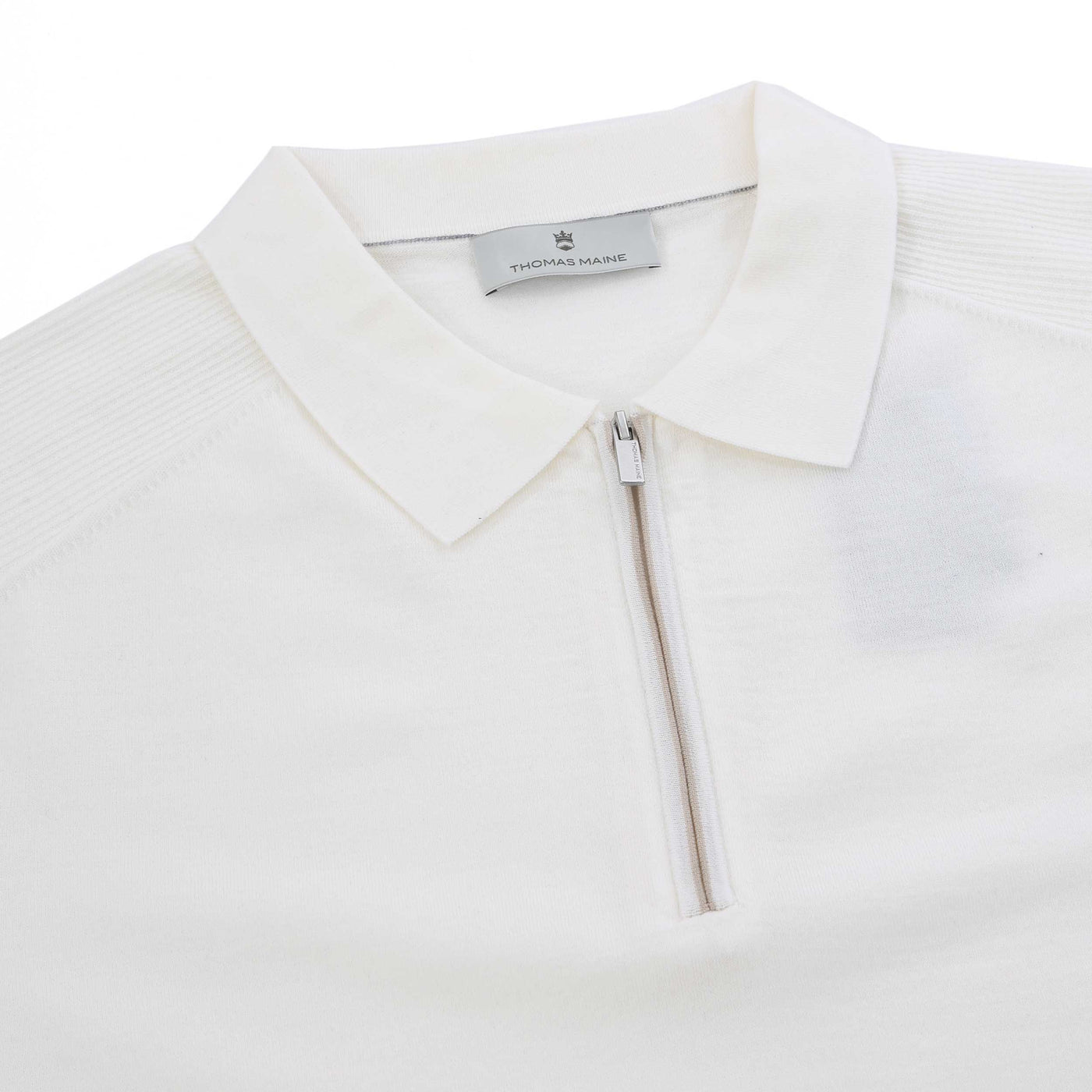 Thomas Maine Merino Zip Knit Polo in Off White Placket