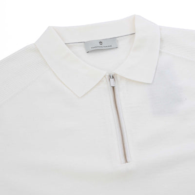 Thomas Maine Merino Zip Knit Polo in Off White Placket