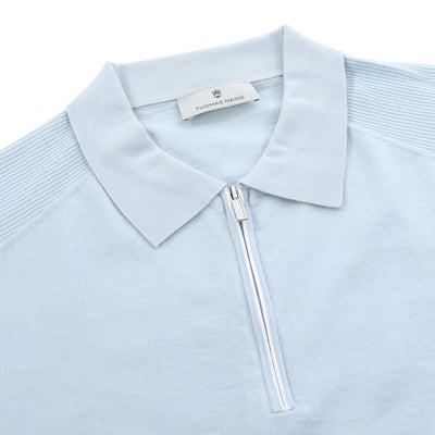 Thomas Maine Merino Zip Knit Polo in Sky Blue Placket