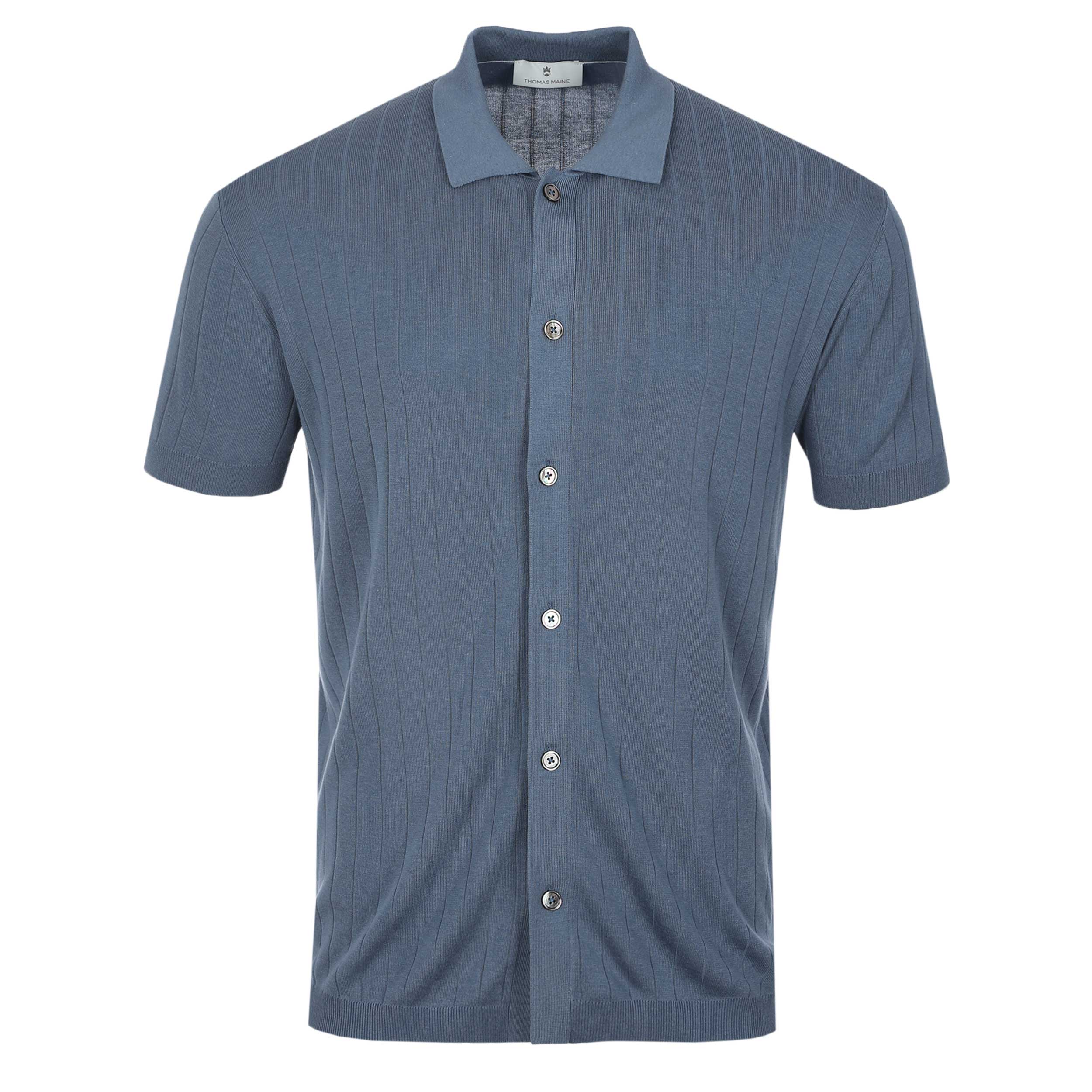 Thomas Maine Ribbed Button Thru SS Shirt in Mid Blue