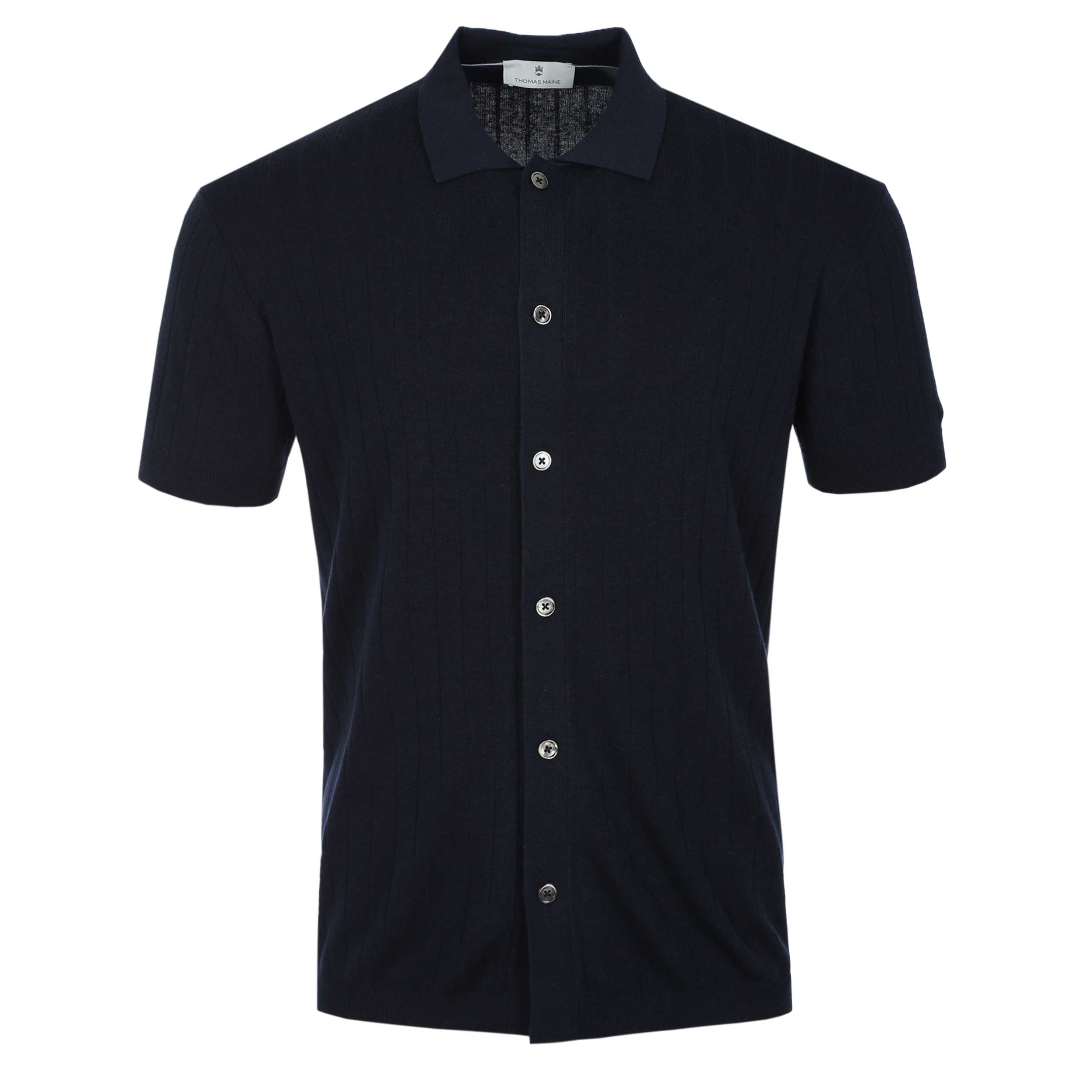 Thomas Maine Ribbed Button Thru SS Shirt in Navy