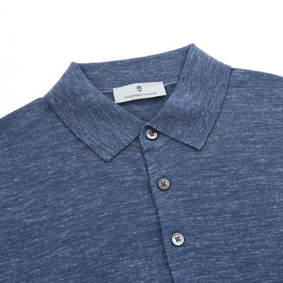 Thomas Maine Silk Linen Mix 3 Button Knit Polo in Blue Collar