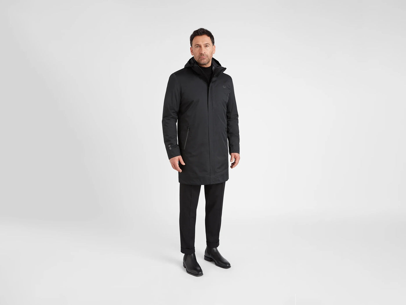 UBR Black Storm Coat in Black Model