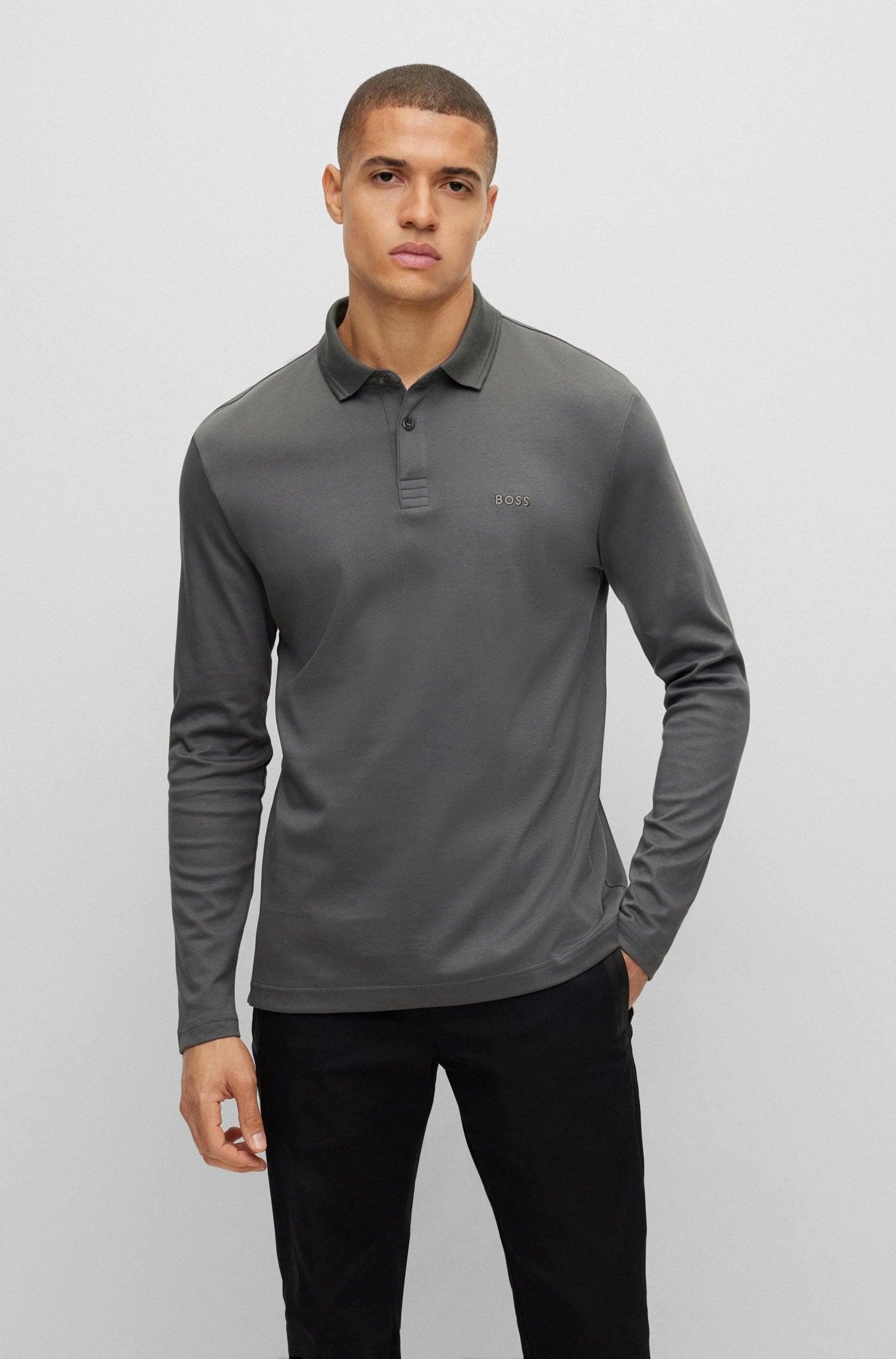 BOSS Pirol Long Sleeve Polo Shirt in Dark Grey