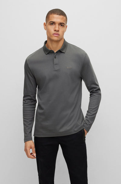 BOSS Pirol Long Sleeve Polo Shirt in Dark Grey