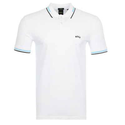 BOSS Paul Curved Polo Shirt in White & Aqua