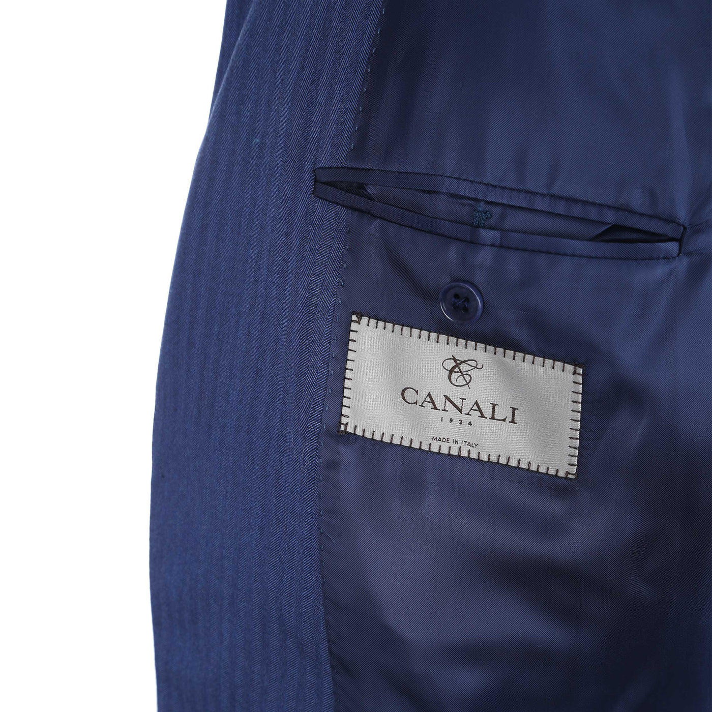 Canali Herringbone Notch Lapel Suit in Mid Blue Inside