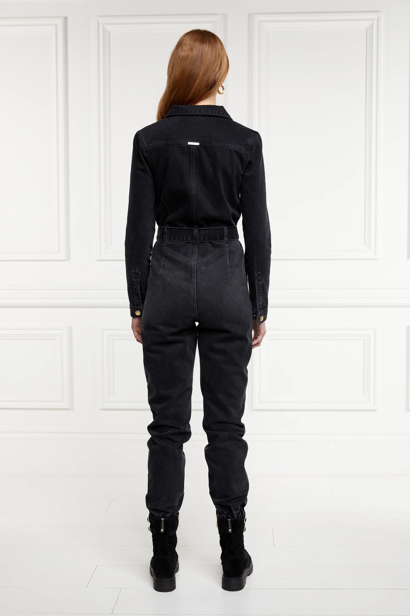 Holland Cooper Denim Jumpsuit in Washed Black Model Back