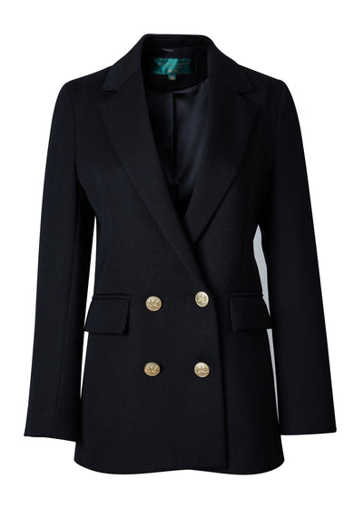 Holland Cooper Double Breasted Ladies Blazer in Black Twill Front