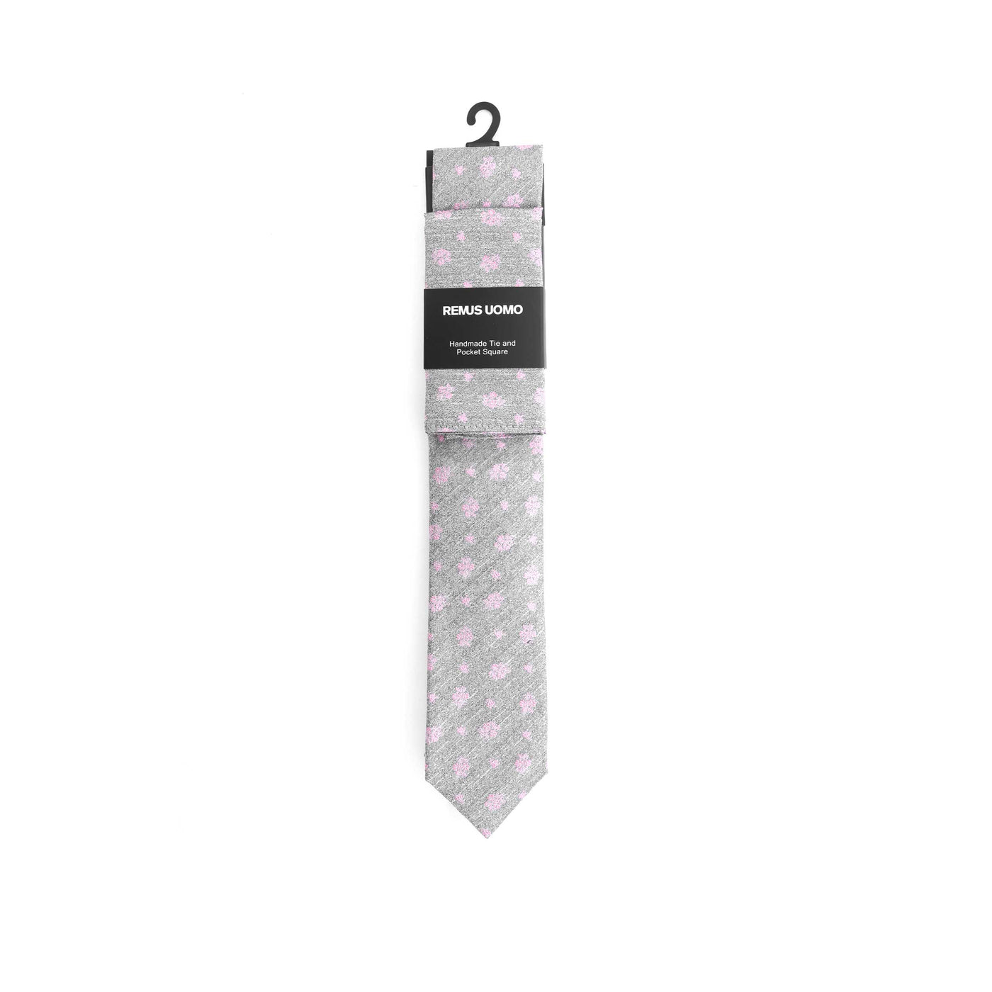 Remus Uomo Floral Print Tie & Hank Set in Grey & Pink