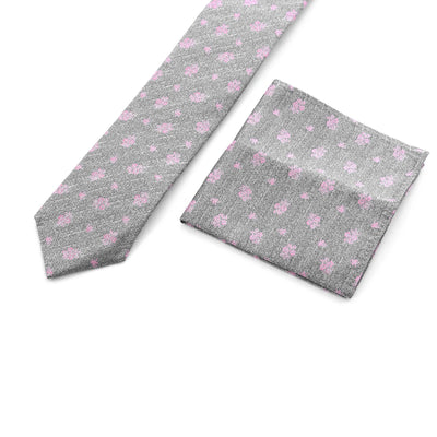 Remus Uomo Floral Print Tie & Hank Set in Grey & Pink Set