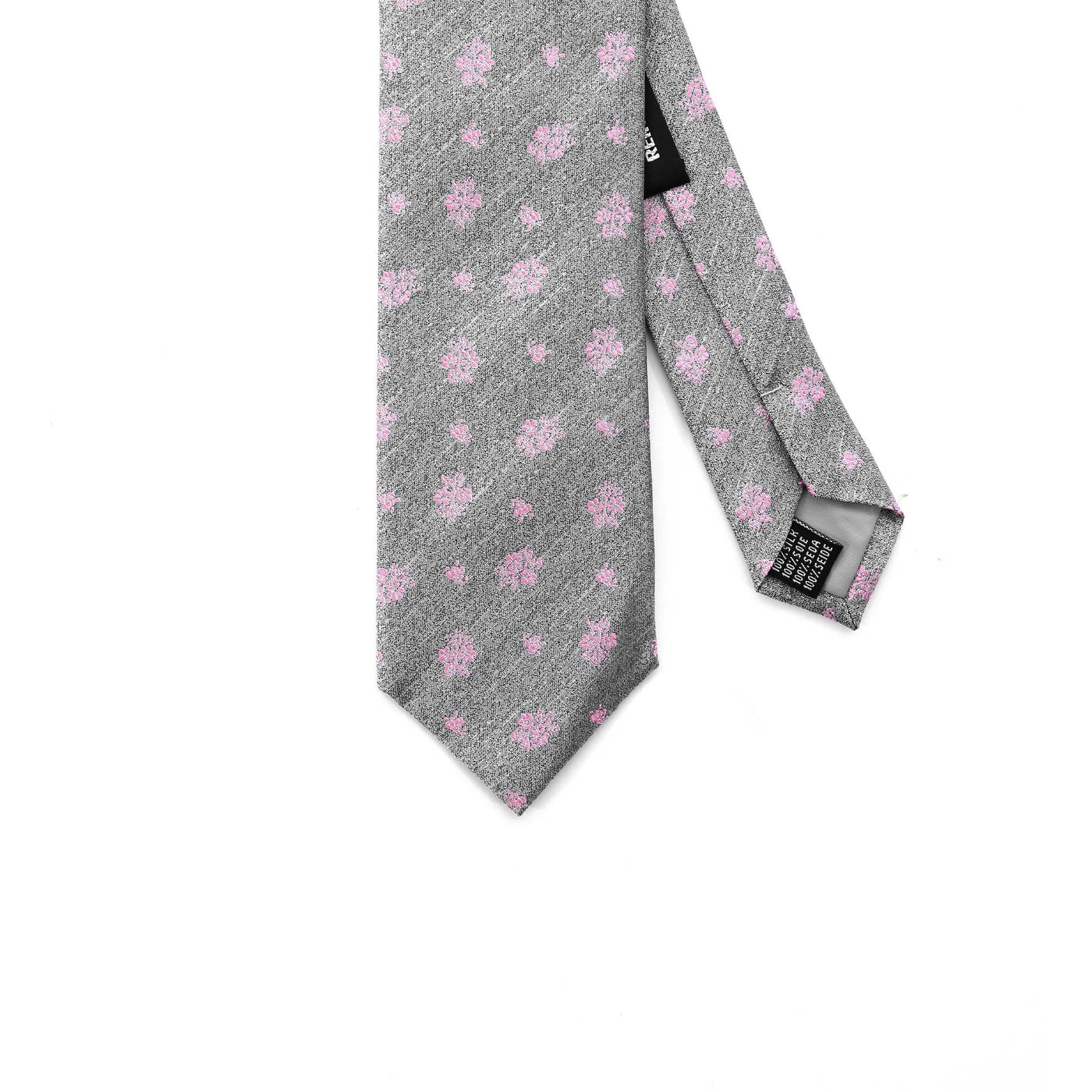 Remus Uomo Floral Print Tie & Hank Set in Grey & Pink Tie
