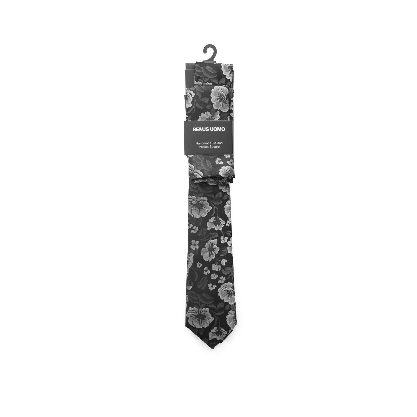 Remus Uomo Floral Tie & Hank Set in Black