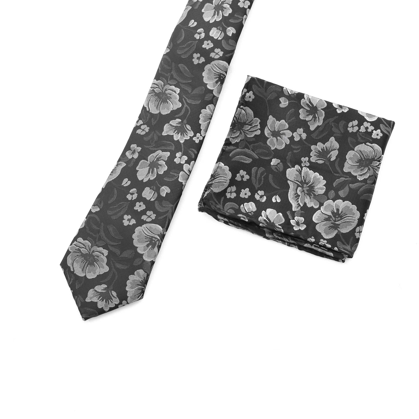 Remus Uomo Floral Tie & Hank Set in Black Set