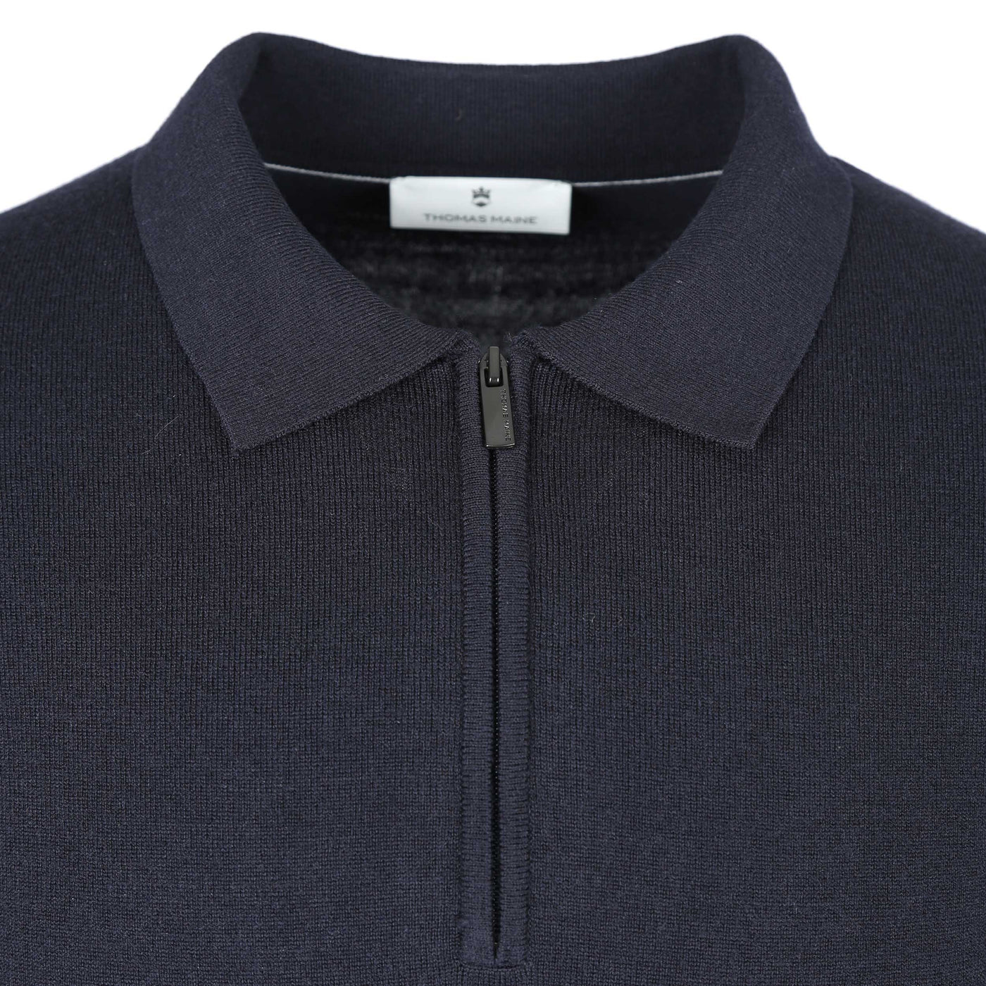 Thomas Maine Zip Knitted Long Sleeve Polo in Navy