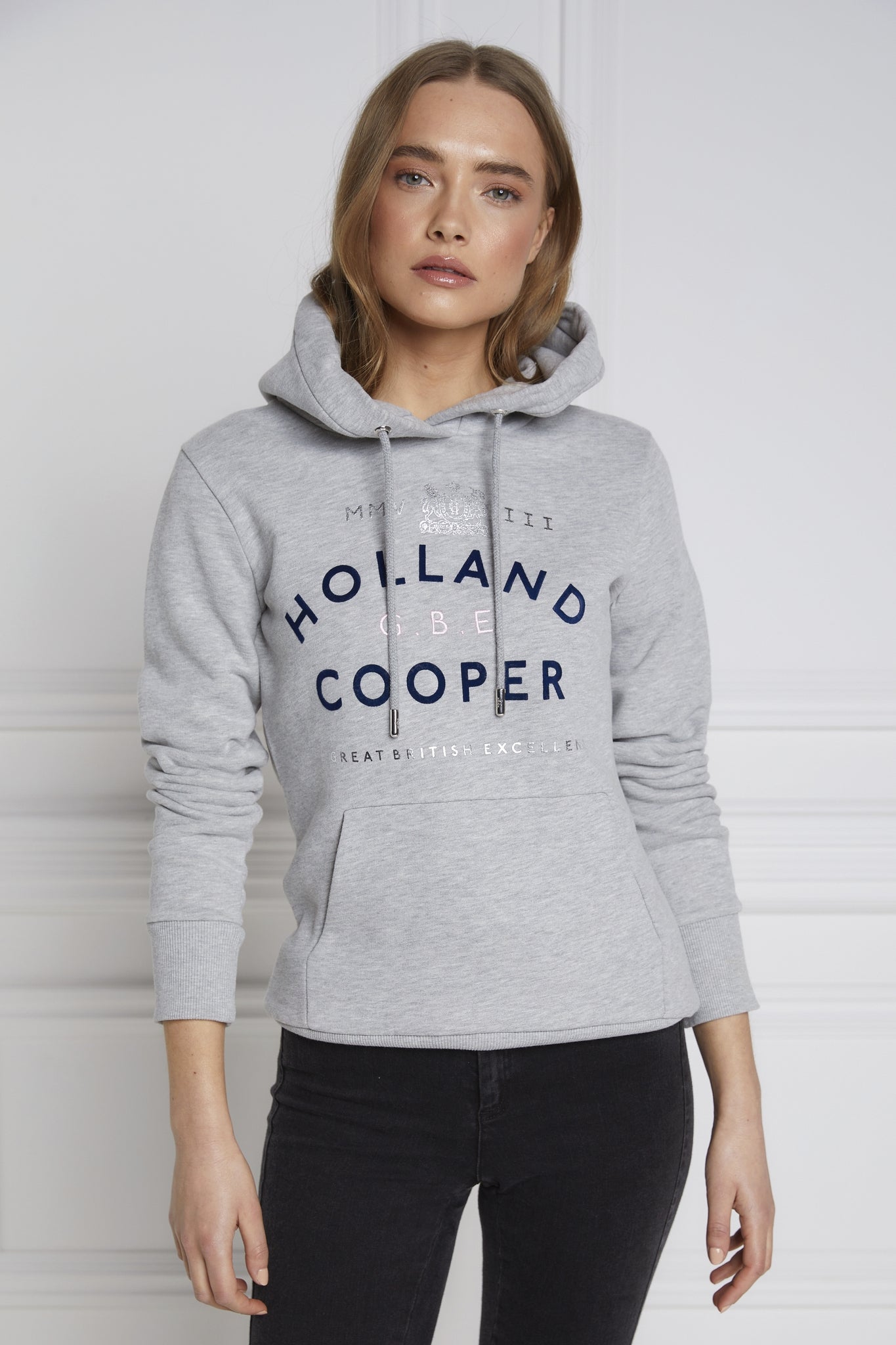 Holland Cooper GBE Flock Logo Hoodie in Grey Marle