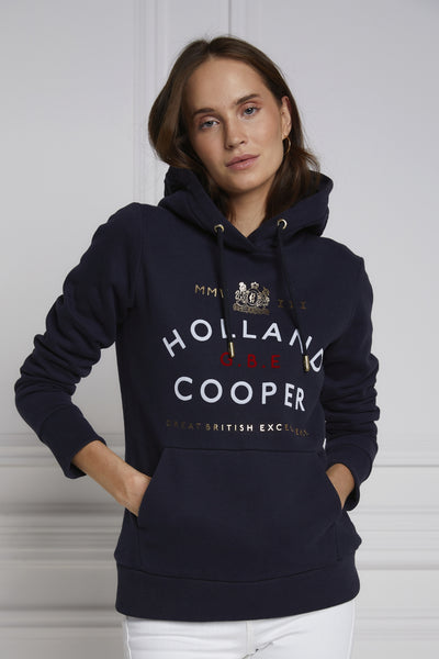Holland Cooper GBE Flock Logo Hoodie in Ink Navy