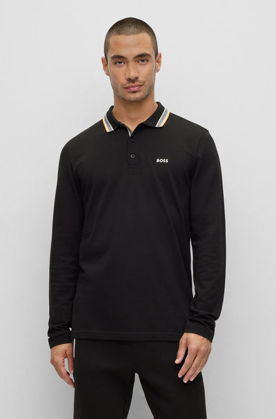 BOSS Plisy Long Sleeve Polo Shirt in Black
