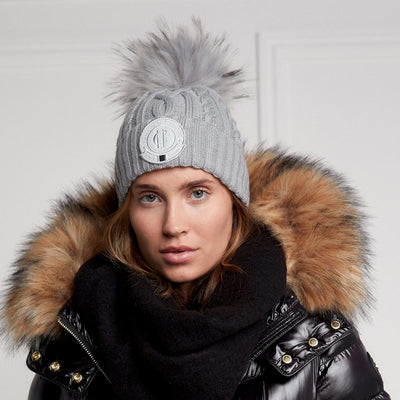 Holland Cooper Cable Faux Fur Bobble Hat in Grey