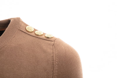 Holland Cooper Buttoned Knit Crew Neck in Dark Camel