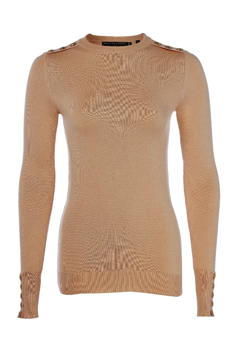 Holland Cooper Buttoned Knit Crew Neck in Dark Camel