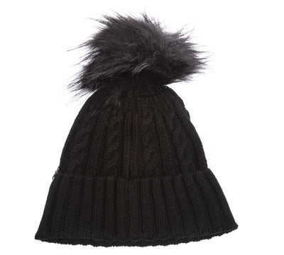 Holland Cooper Cable Faux Fur Ladies Bobble Hat in Black