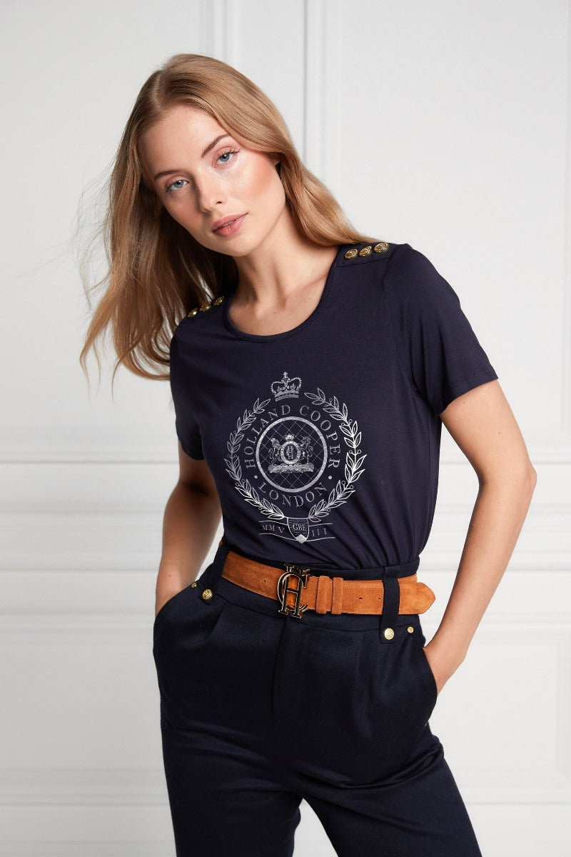 Holland Cooper London Crest Ladies T-Shirt in Navy & Silver