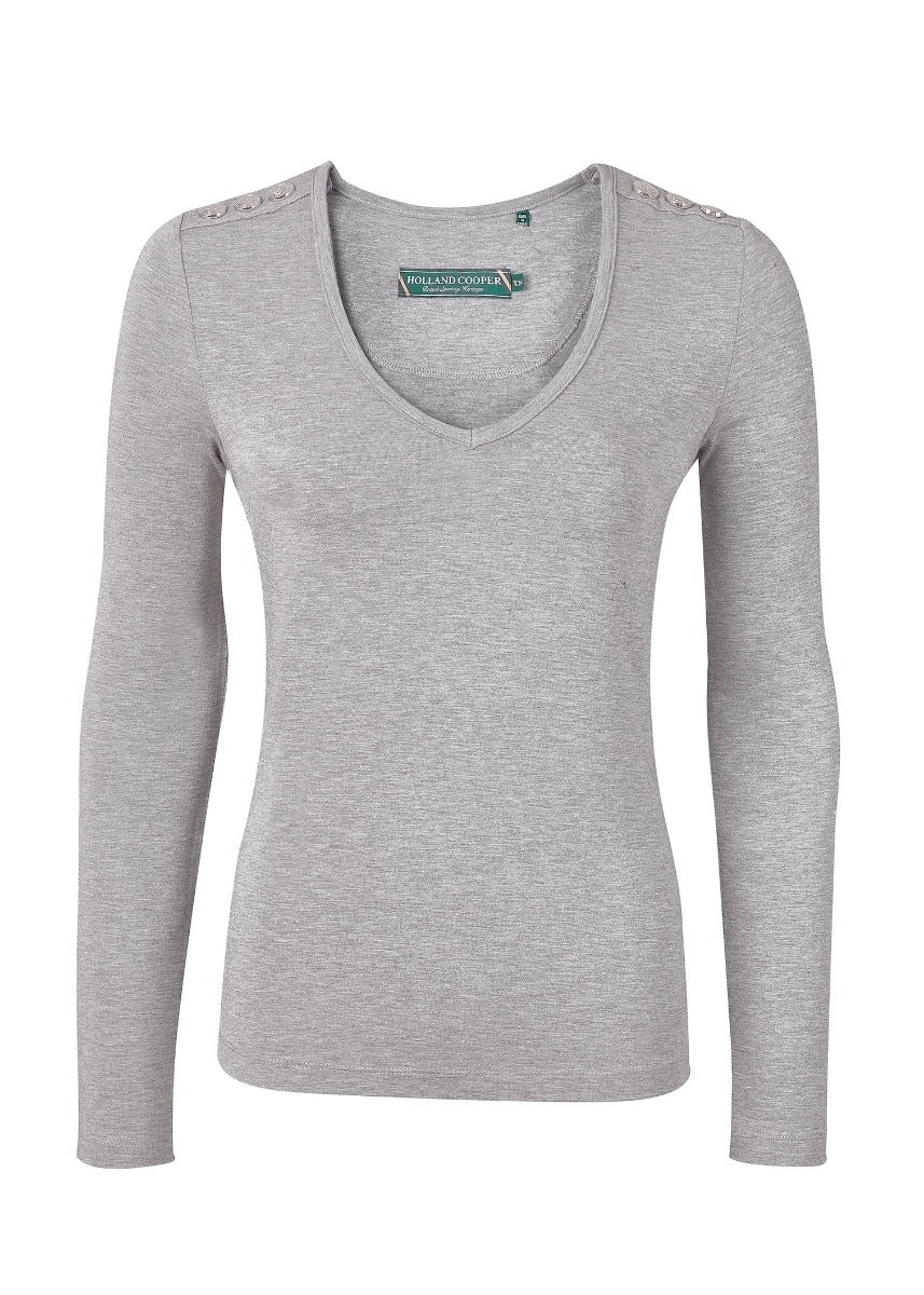 Holland Cooper Long Sleeve Vee Neck Tee in Grey Marle