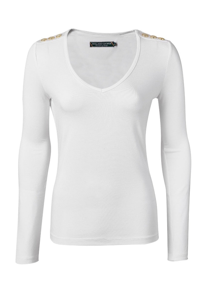 Holland Cooper Long Sleeve V Neck Tee in White