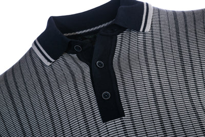Remus Uomo Abstract Stripe Front Knitted Polo Shirt in Navy & Grey