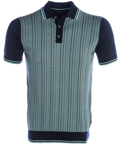 Remus Uomo Abstract Stripe Front Knitted Polo Shirt in Navy & Mint