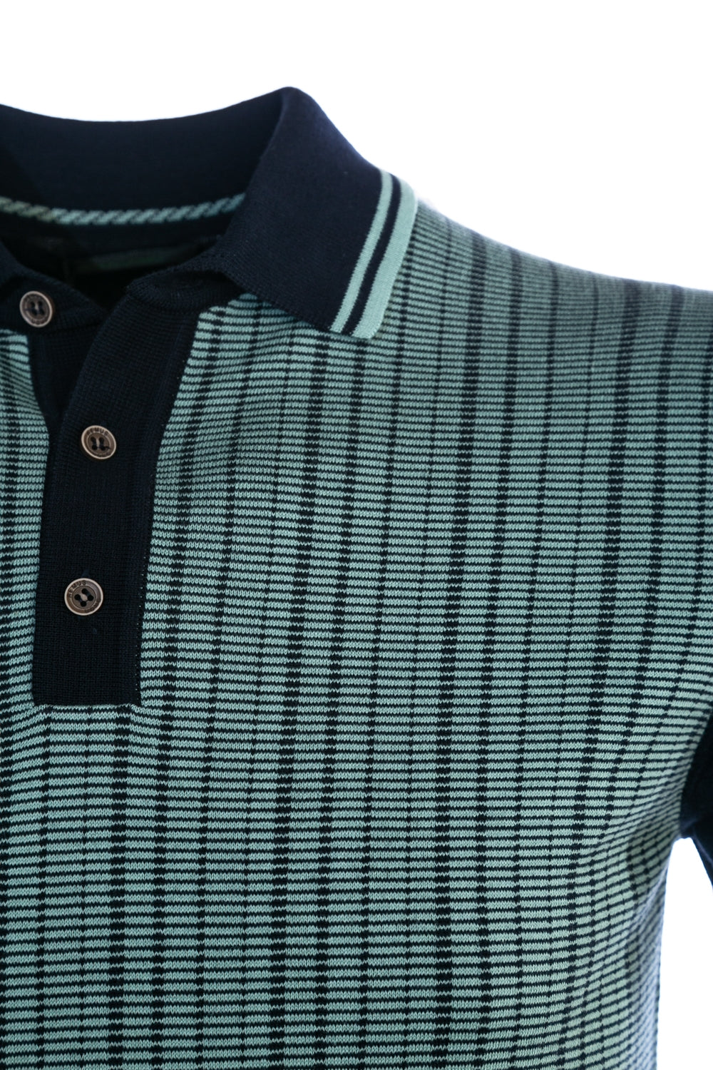 Remus Uomo Abstract Stripe Front Knitted Polo Shirt in Navy & Mint