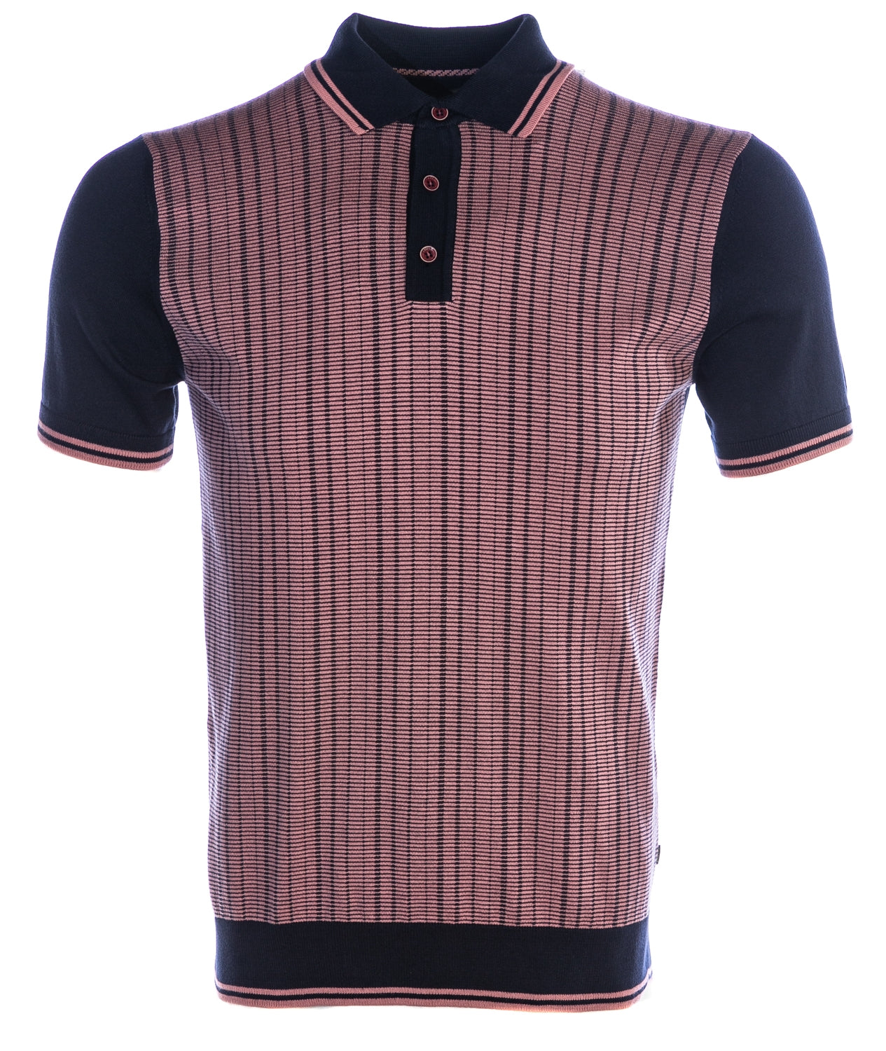 Remus Uomo Abstract Stripe Front Knitted Polo Shirt in Navy & Pink