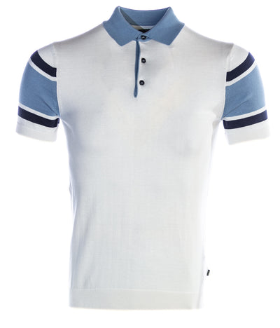Remus Uomo Stripe Sleeve Knitted Polo Shirt in Off White